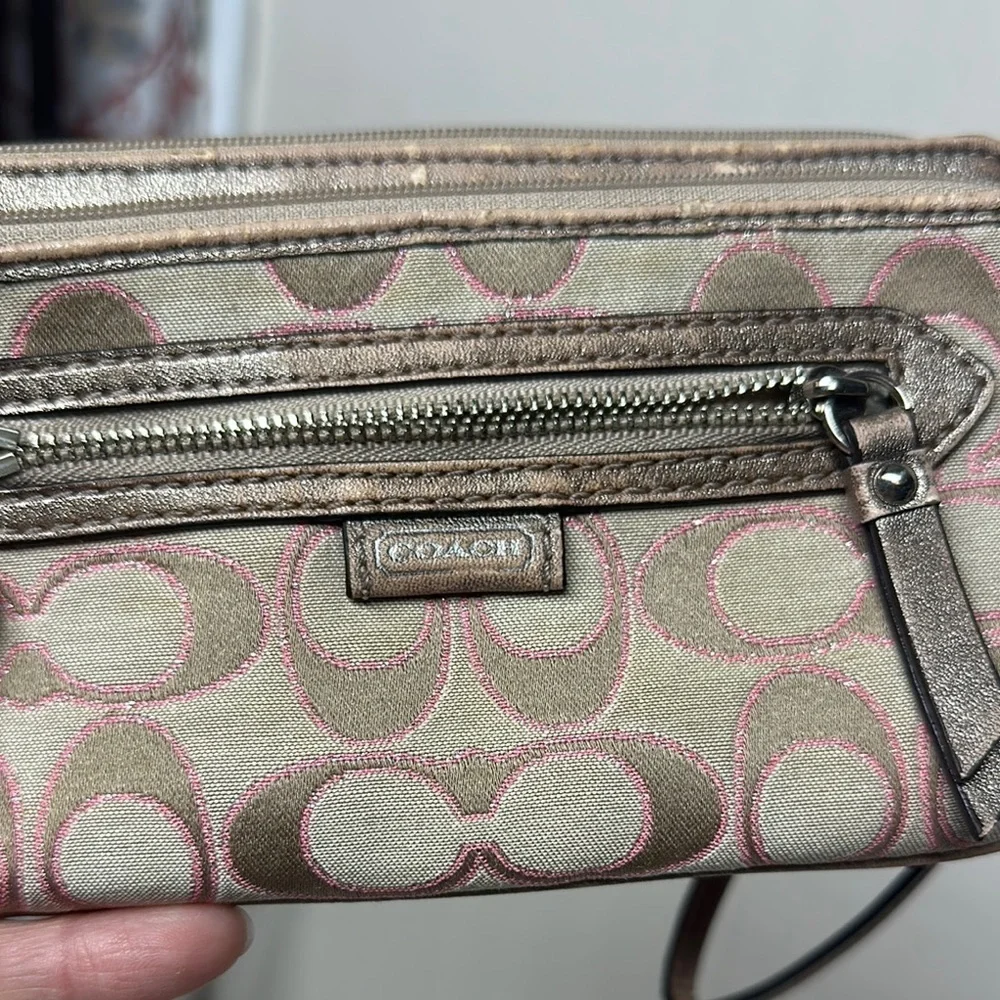 Coach Tan and Pink Signature Wristlet Clutch